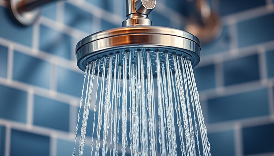 Modern showerhead streaming water in a tiled bathroom.