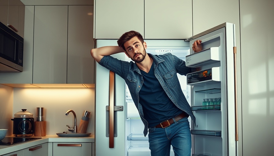 Man staying cool in the kitchen with head in refrigerator.
