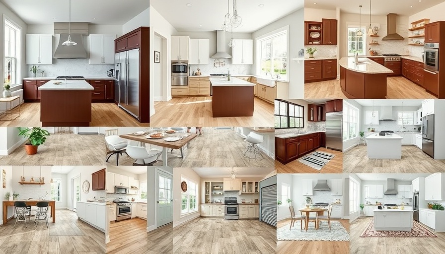 Install kitchen tile flooring guide with diverse kitchen interiors collage.
