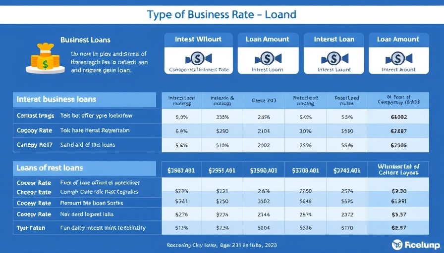 Infographic of types of business loans categorized by interest rates and loan amounts.