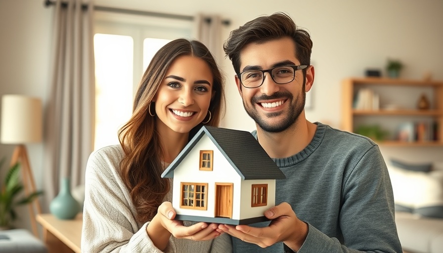 Friendly young couple holding house model, renting vs. owning a home illustration.