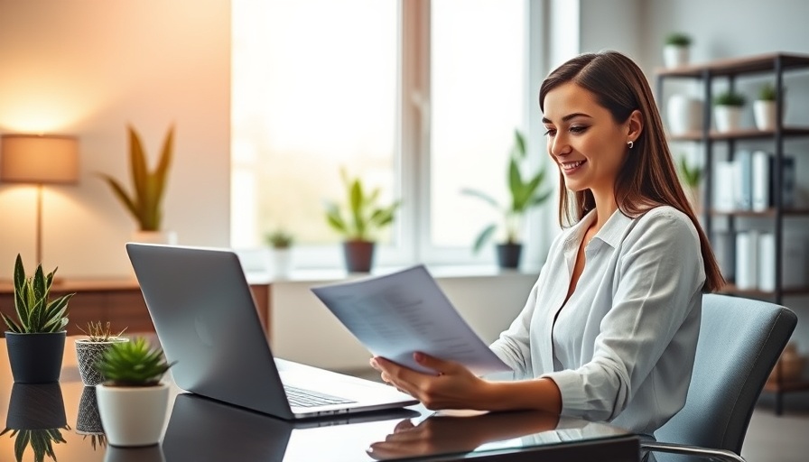 Professional woman using laptop for TurboTax Early Refund Option in home office.