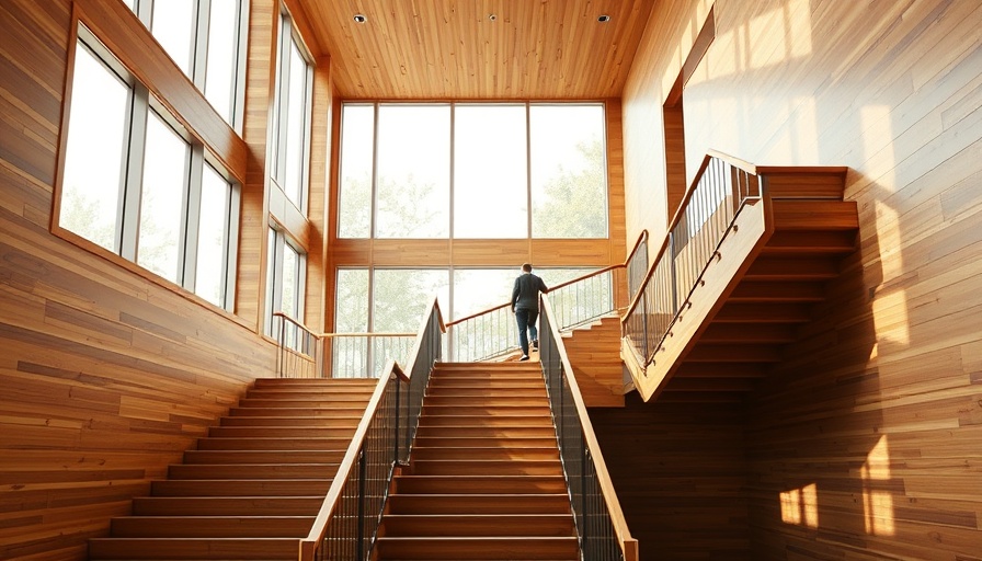 Person descending a modern wooden staircase in a well-lit building.