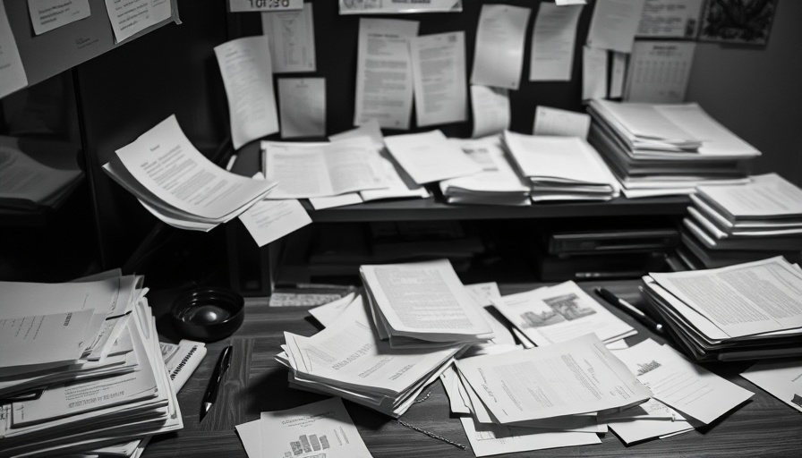 Office desk showing procrastination effects with clutter and papers.