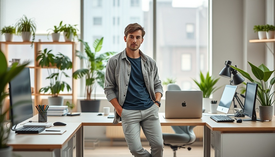 Casually dressed person working from home with modern desktop setup.