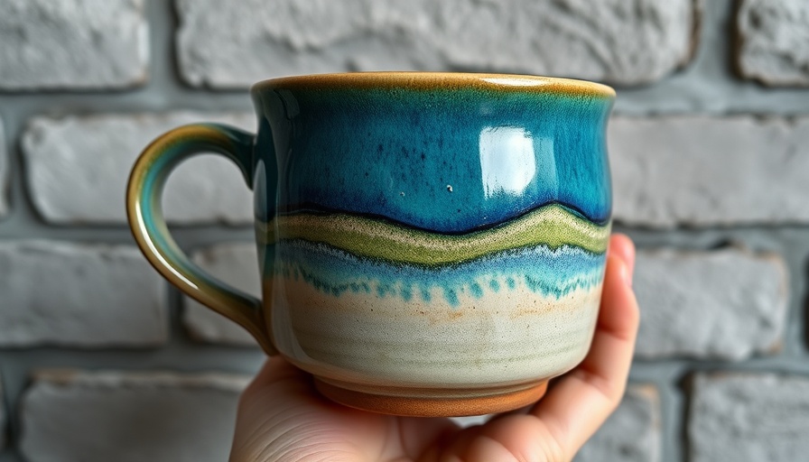 Handmade ceramic mug with blue-green glaze being held.