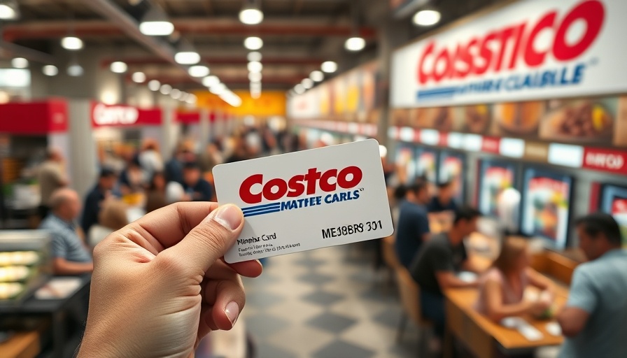 Close-up of Costco membership card in busy food court.