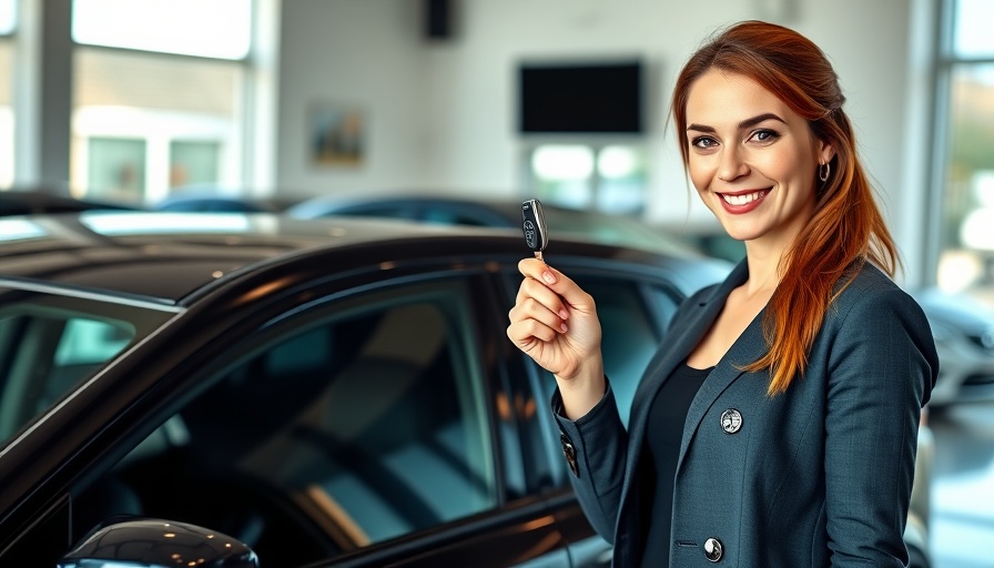Woman with car keys in showroom, considering refinancing benefits.