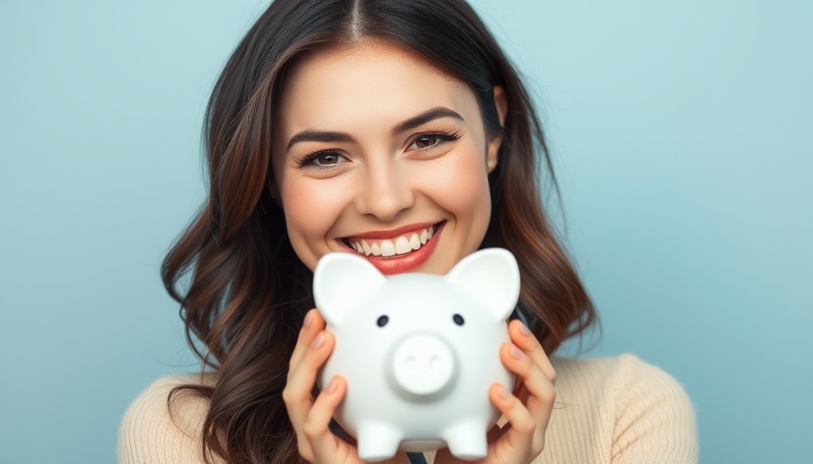 Smiling woman with piggy bank symbolizing small steps to improve your finances.
