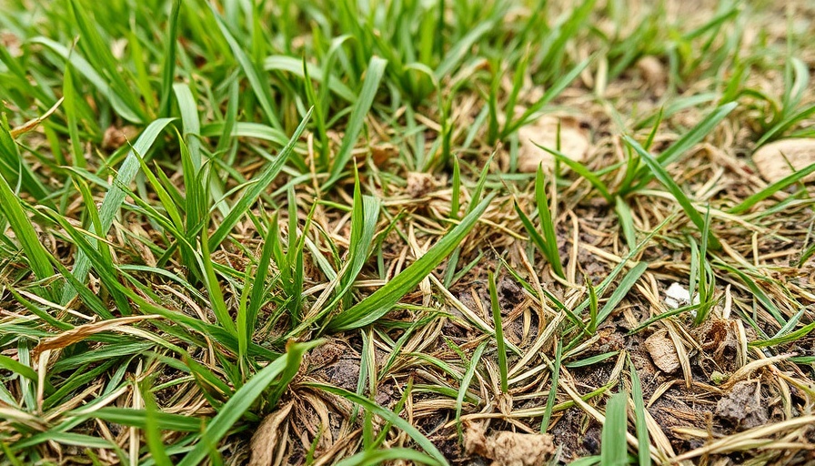Close-up of dry patches on lawn contrasting with green grass.