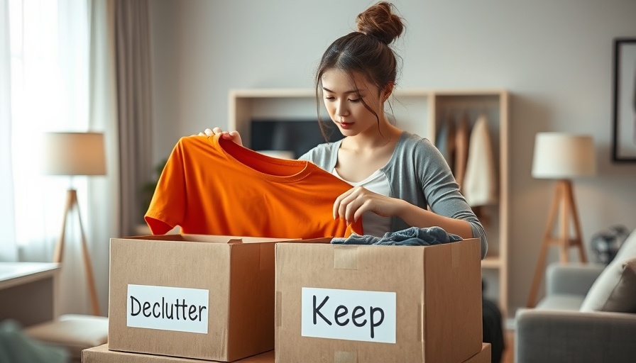 Young woman organizing clothes with declutter and keep boxes in a tidy living room.