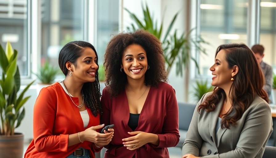 Three women from different generations chatting in a modern office.