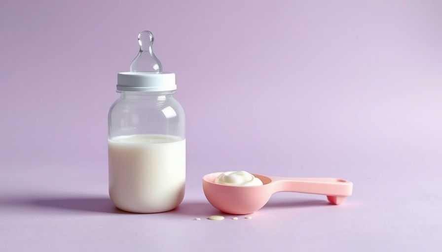 Baby bottle and scoop with formula on pastel background