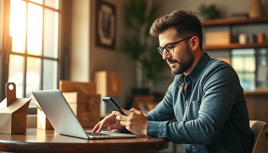 Casual entrepreneur using smartphone and laptop for selling online in a cafe.