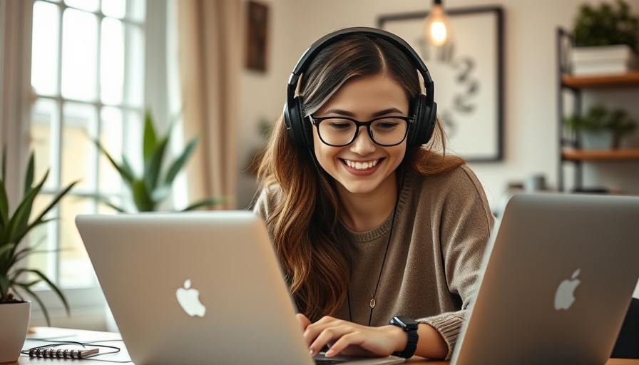 Woman in headphones working remotely in modern home office