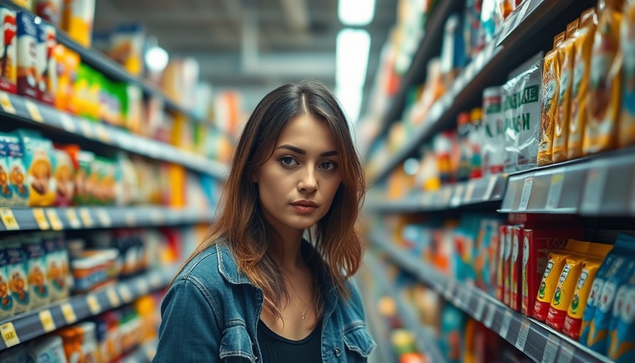 Woman inspecting grocery store staples amid shrinkflation concerns.