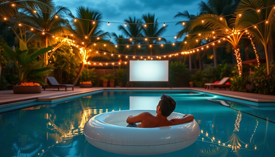 Outdoor movie night equipment by the pool with a screen and float.