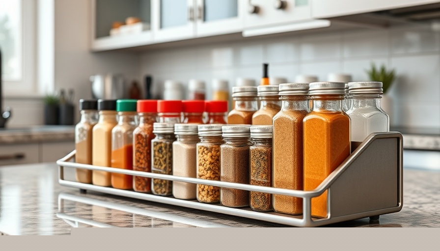Modern spice rack with jars on granite counter in bright kitchen.