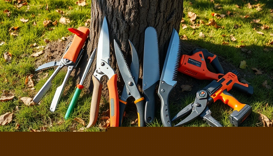 Assorted tree pruning tools in a garden setting