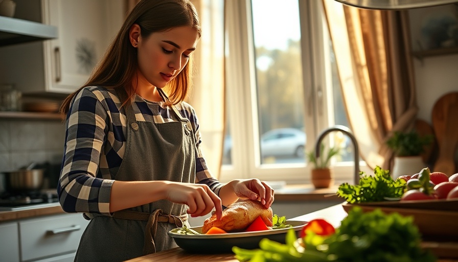Young woman cooking chicken in kitchen, focusing on preparation.