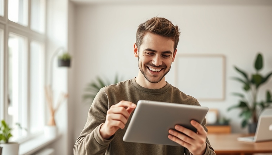 Smiling man using a tablet in a bright modern room with AI Prompt Engineering concept.