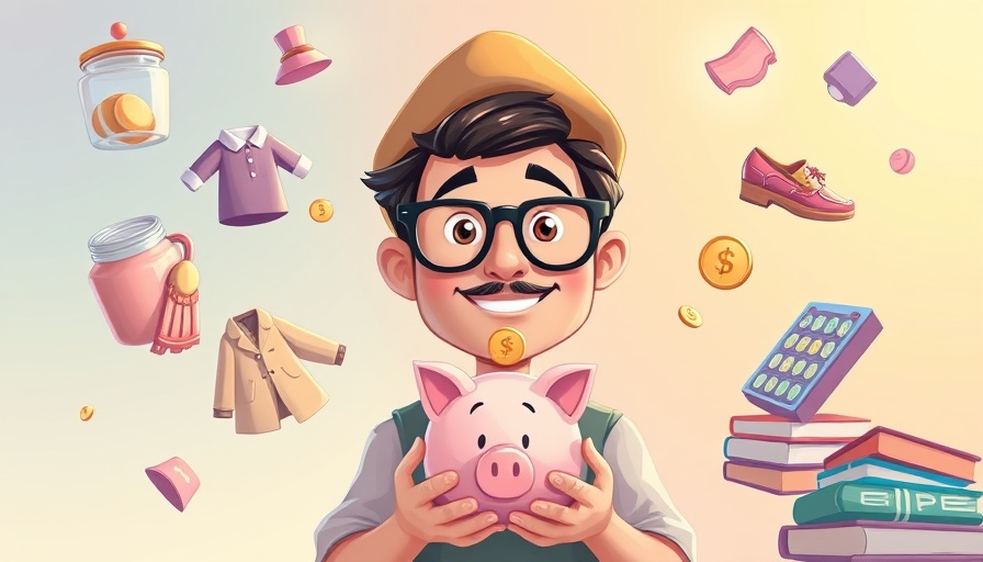 Cartoon man holding piggy bank with money rituals for mental health items.