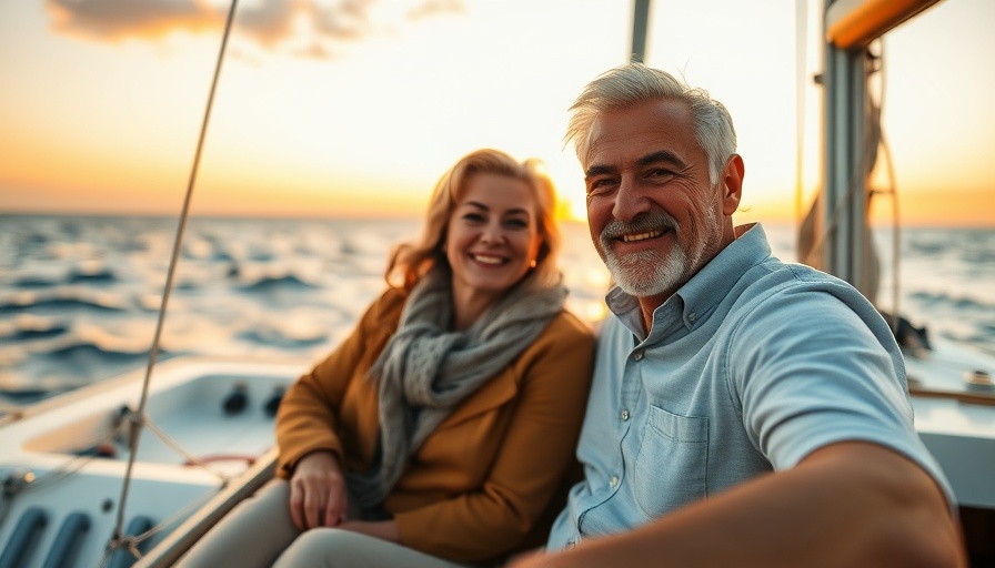 Older couple sailing blissfully at sunset, calm waters.