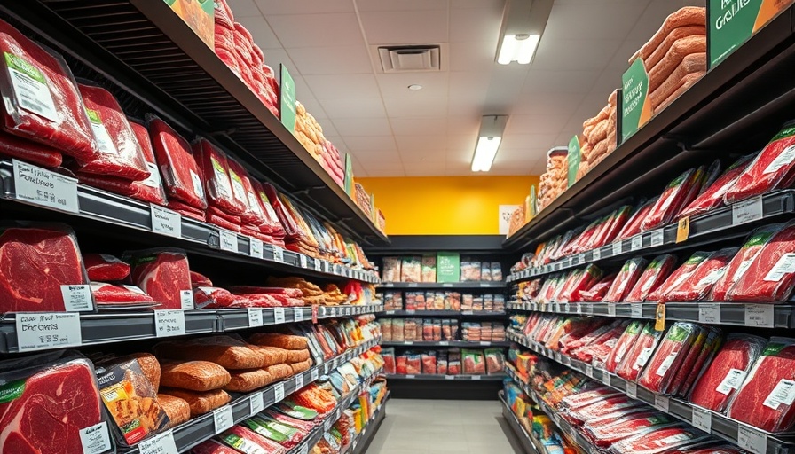 Packaged red meat cuts on shelves in a supermarket, related to red meat dementia risk.