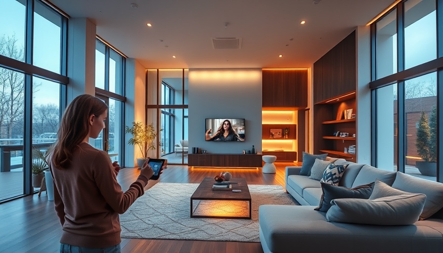 Modern smart home living room with user interacting with device