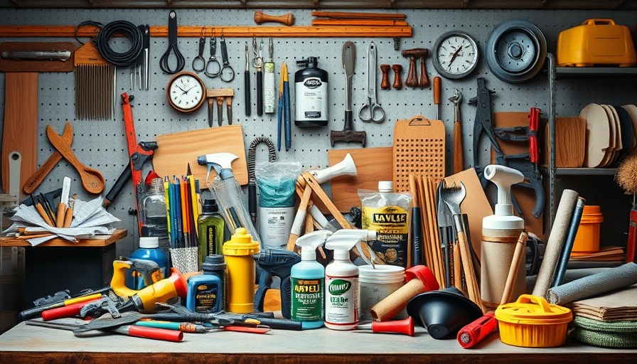 Home improvement products and tools neatly arranged.