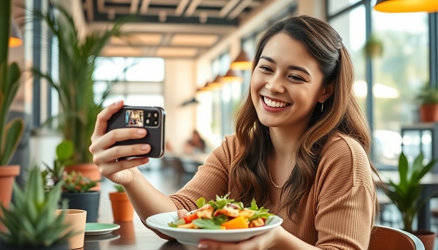 Smiling woman photographing food in a trendy cafe, highlighting 2023 restaurant trends.