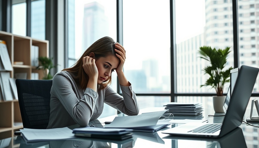 Stressed woman at desk in office, American jobs hurt mental health.