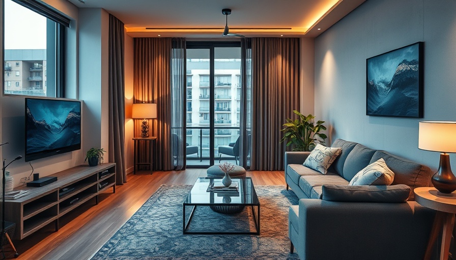 Modern living room with smart home automation features.