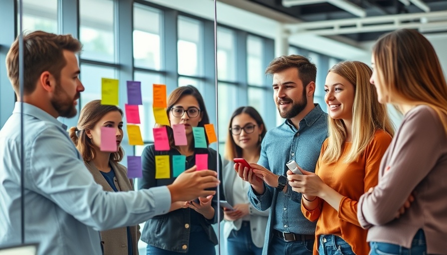Diverse team brainstorming with sticky notes in a bright office, 2025.