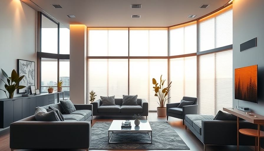 Modern living room with smart home devices and automation.
