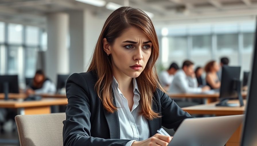 Worried woman in office, illustrating career catfishing concerns.