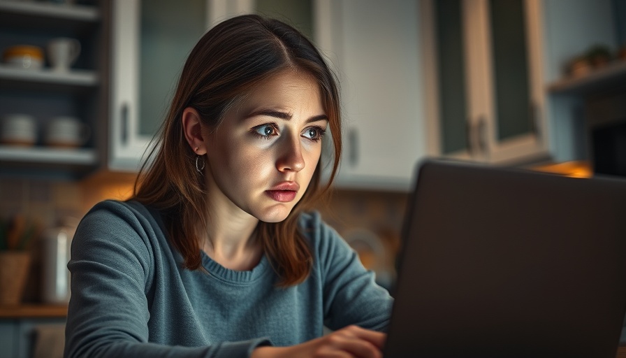 A worried woman looks at her laptop, thinking about ways to guard against medical identity theft.