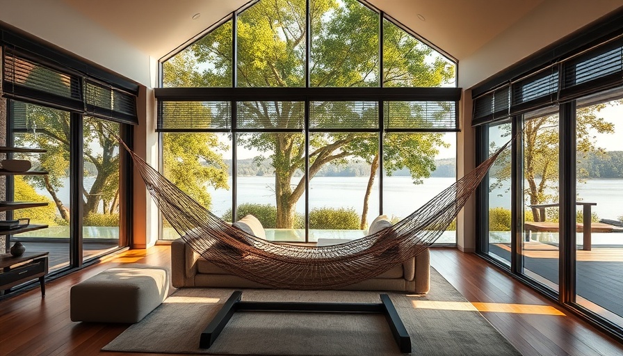 Modern smart home living room with windows and hammock.