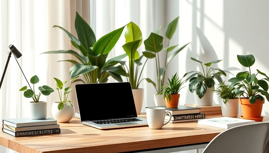 Modern workspace for blogging with plants and laptop.