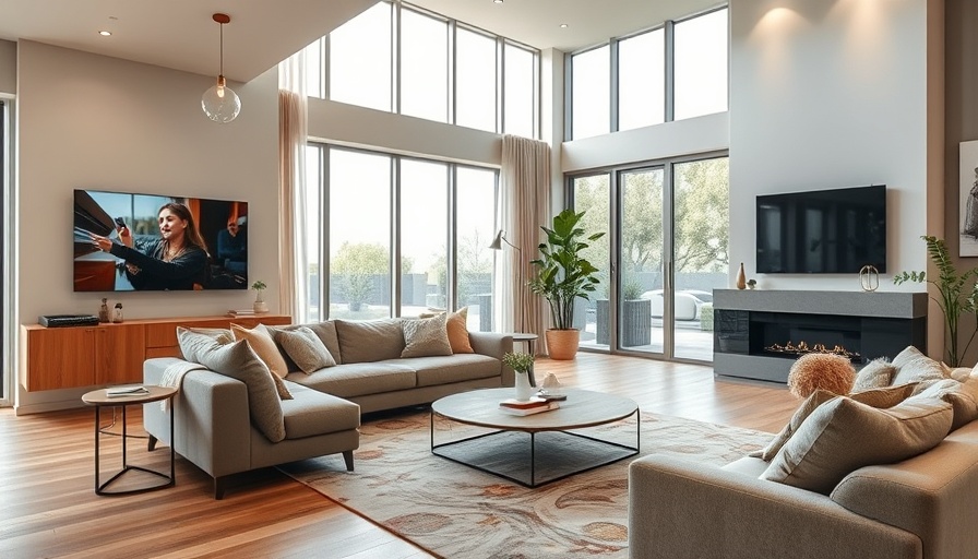 Modern living room with smart home automation features.