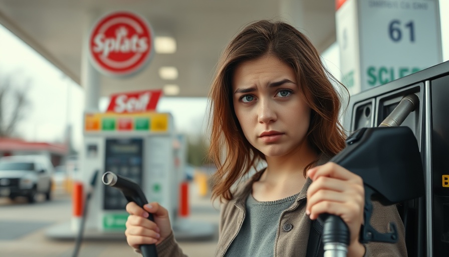 Worried woman at gas station amid rising credit card fees.