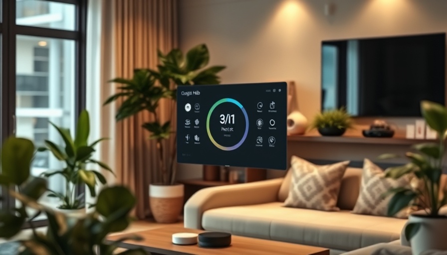Google Nest Hub displaying home automation features on a desk.