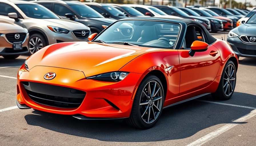 Vibrant orange Mazda Miata parked in a car lot, sleek design.