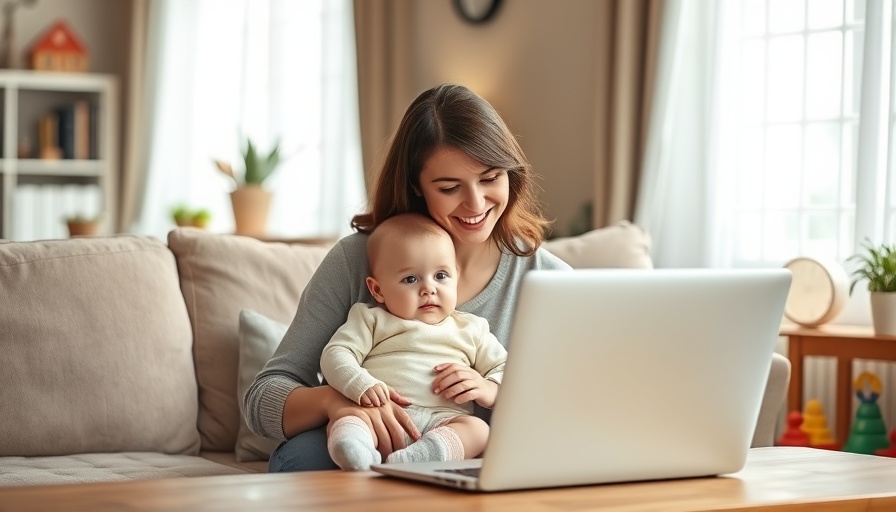 Working mom multitasking with baby in cozy living room.