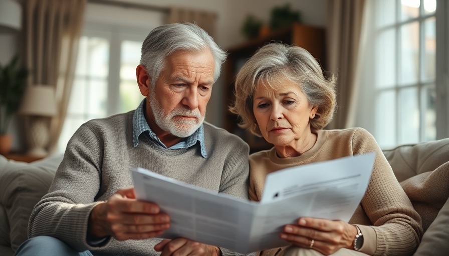 Older couple reviewing documents, discussing costly Medicare mistakes, concerned expressions.