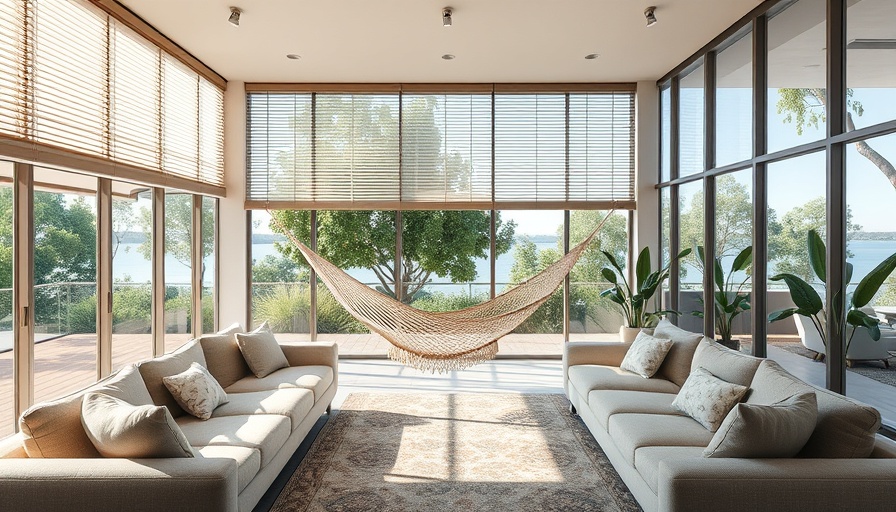 Smart Home Technology for Fire Safety in modern living room with large windows and hammock.