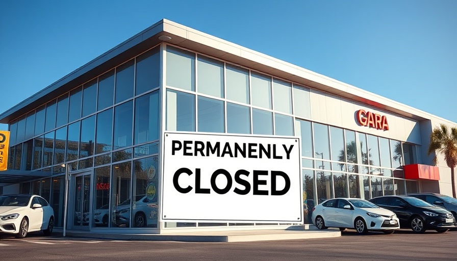 Modern car dealership closure, 'Permanently Closed' sign in focus.