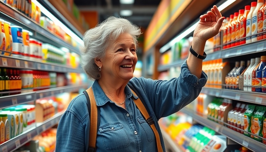 Elderly woman shopping in supermarket, searching for freebies at grocery stores.