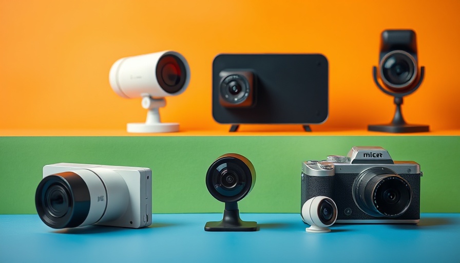Smart home cameras on colorful textures.
