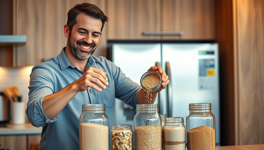 Man organizing grocery stockpile in glass jars to extend shelf life.